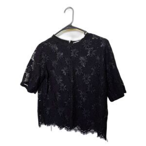 Sandro Paris Black Floral Lace Crop Top | Short Sleeve | Scalloped Hem | US S